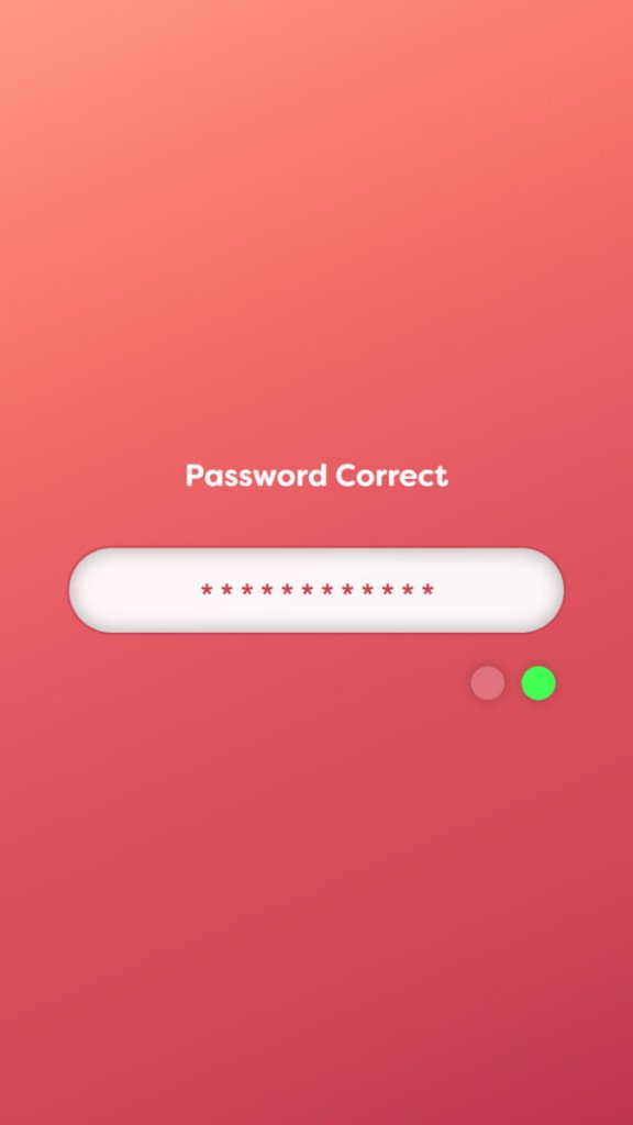 Image of a password screen where the label indicates a correct password has been entered, and a green light to indicate no error.