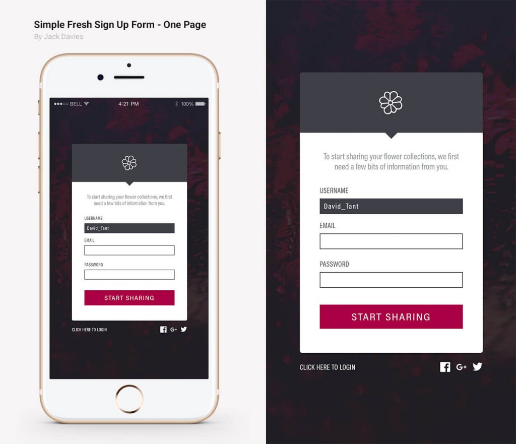 A signup form used in an iPhone 6s device mockup that includes username, email and password fields.