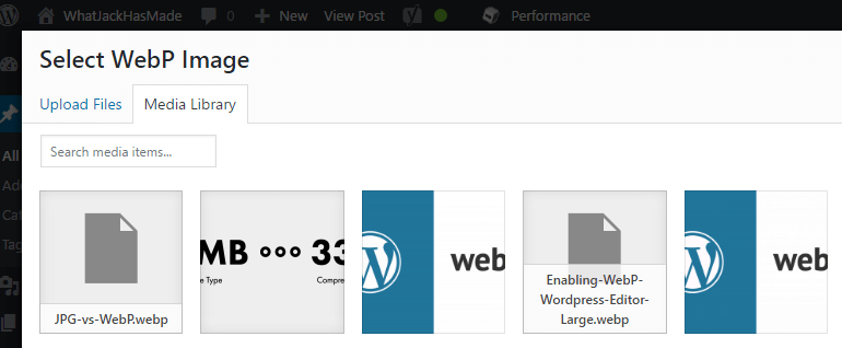 Wordpress media library window requesting a webp image