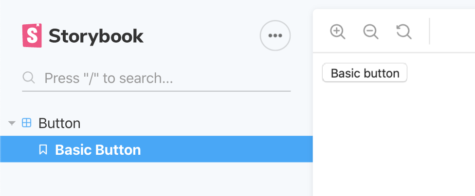 Screenshot of a basic button component in a Storybook window
