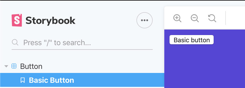 Screenshot of a basic button component in Storybook, with a rebeccapurple background colour applied to the body of the story
