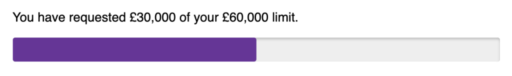 Label above progress bar "You have requested £30,000 of your £60,000 limit."